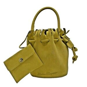 Authentic Salvatore Ferragamo Yellow Suede Leather Hand Bag BA214248  Italy made